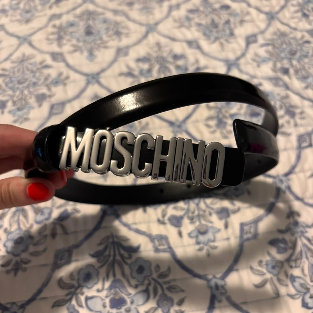 Women's Moschino Belt Size S: Black Leather with Silver Logo